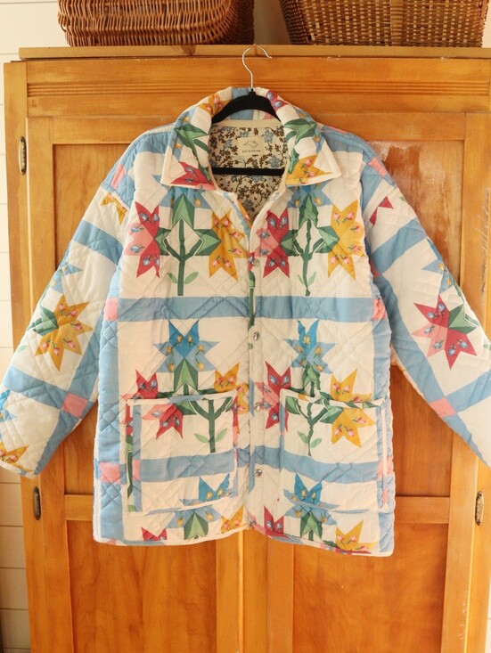 Handmade Jackets & Blazers - Upcycled Quilted Floral Faux Patchwork Barn Jacket in White & Blue M • L